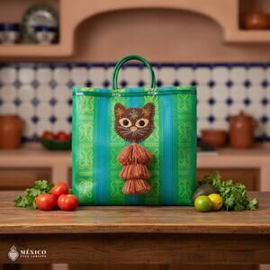 Traditional Green Mexican Mercado Tote Bag – Cat Reusable Plastic Market Bag